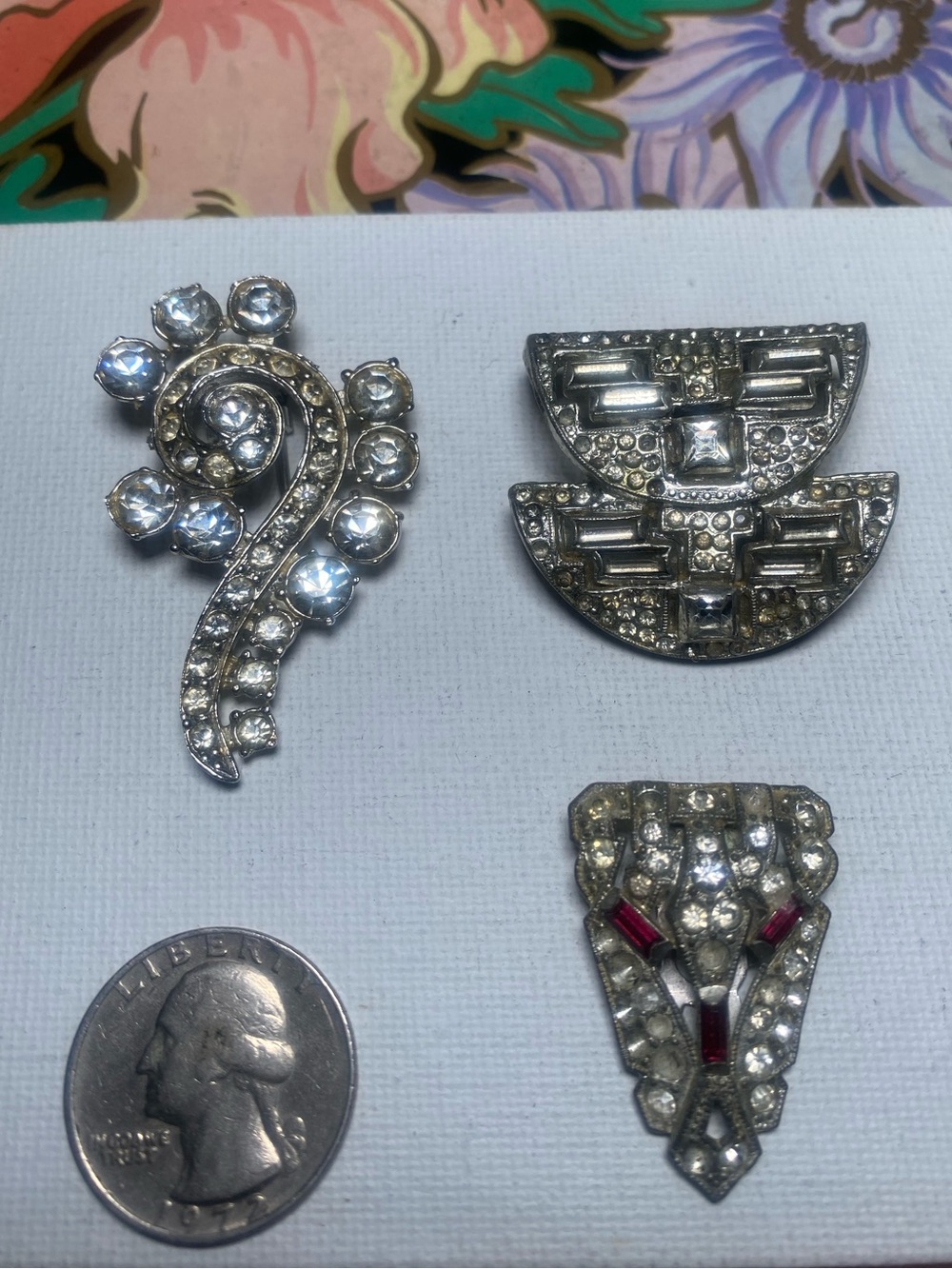 Vintage Rhinestone shoe/sweater clips Set - Clear and Red Accents